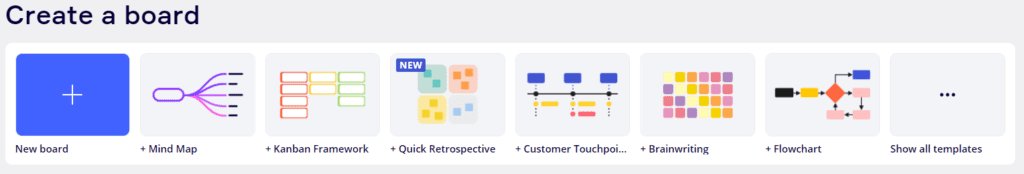Bildschirmfoto. Funktion ein Board zu erstellen und verschiedene Board-Vorlagen: „Mind Map“, „Kanban Framework“, „Quick Retrospective“, „Customer Touchpoint“, „Brainwriting“, „Flowchart“.