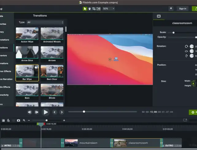 Bildschirmfoto der Oberfläche von Camtasia. Verschiedene Videoelemente wurden zusammengeschnitten und eine Auswahl an Übergängen wird geboten.
