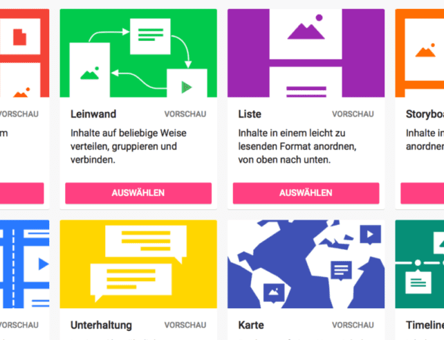 Bildschirmfoto der verschiedenen Vorlagen für ein Padlet: „Wand“, „Leindwand“, „Liste“, „Storyboard“, „Regal“, „Unterhaltung“, „Karte“, „Timeline“.