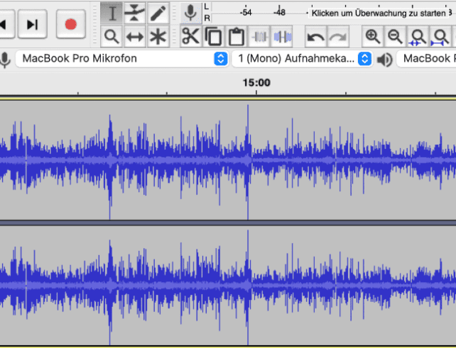 Bildschirmfoto. Zwei geöffnete Tonaufnahmen im Audioschnittprogram Audacity.