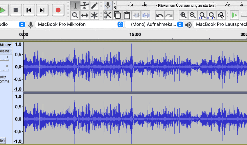 Bildschirmfoto. Zwei geöffnete Tonaufnahmen im Audioschnittprogram Audacity.