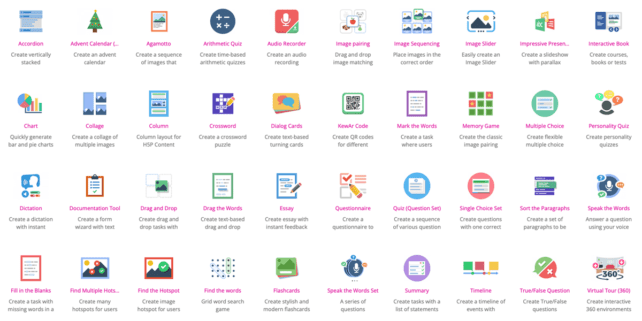Schmuckbild: Die verschiedenen H5P-Elemente nebeneinander aufgelistet