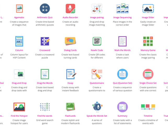 Schmuckbild: Die verschiedenen H5P-Elemente nebeneinander aufgelistet