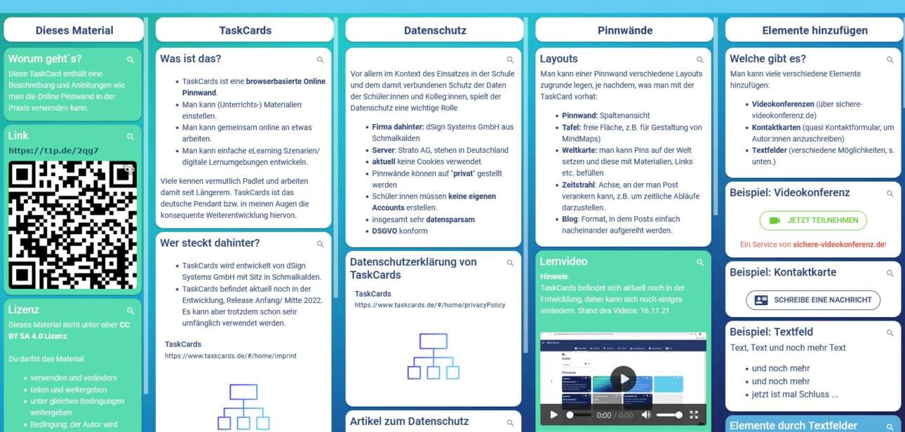 Bildschirmfoto einer ausführlich angelegten Pinnwand von TaskCards. Verschiedene Elemente wie Texte, Bilder, Videos, Kontaktkarten, Videokonferenzen und Links sind auf den Karten und nach Oberbegriffen sortiert  hinterlegt.