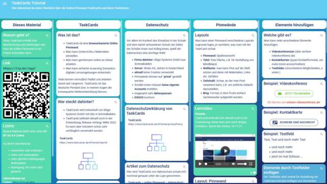 Bildschirmfoto einer ausführlich angelegten Pinnwand von TaskCards. Verschiedene Elemente wie Texte, Bilder, Videos, Kontaktkarten, Videokonferenzen und Links sind auf den Karten und nach Oberbegriffen sortiert  hinterlegt.