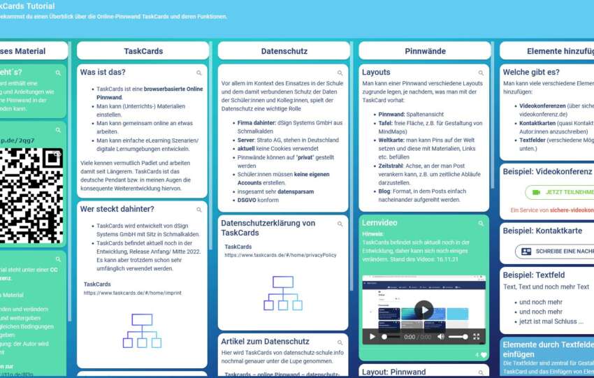 Bildschirmfoto einer ausführlich angelegten Pinnwand von TaskCards. Verschiedene Elemente wie Texte, Bilder, Videos, Kontaktkarten, Videokonferenzen und Links sind auf den Karten und nach Oberbegriffen sortiert  hinterlegt.