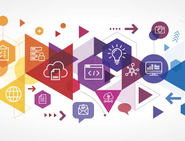 Schmuckbild. Geometrische Formen, im farblichen Verlauf angeordnet, beinhalten Symbole der digitalen Lernplattformen und erstrecken sich horizontal über das Bild.