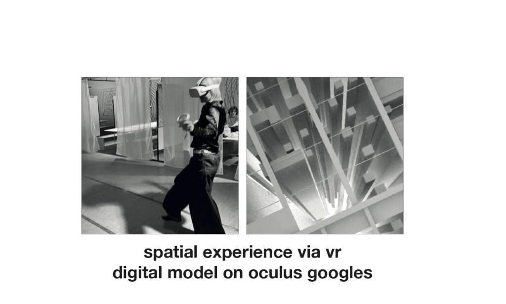 Zwei Bilder stehen nebeneinander. Darunter steht räumliche Erfahrung vs. digitale Ansicht der oculus VR Brille. Auf der einen Seite ist eine Person, eine VR Brille tragend zu sehen. Auf der anderen Seite eine digitale Welt, lange Balken, die nach oben streben sind zu sehen.