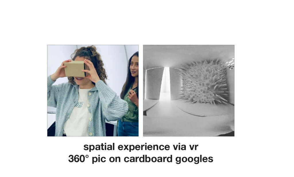 Räumliche Erfahrung durch 360 Grad Foto mit der Cardboard Brille. Eine Person schaut durch die Cardboard Kamera und sieht einen weißen, stacheligen Ball.