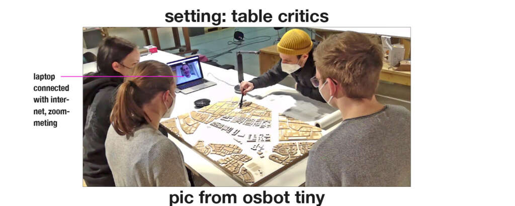 Architekturstudierende sitzen vor einem Modell am Tisch. Gleichzeitig sind auf einem Laptop weitere Personen per Zoom zugeschaltet.