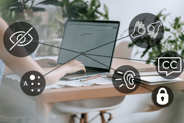 Schmuckbild: Eine Person sitzt am Laptop, zu sehen sind nur die tippenden Hände. Grafische Symbole der Barrierefreiheit kommen aus dem Laptop hervor.