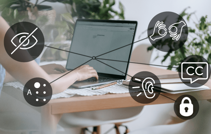 Schmuckbild: Eine Person sitzt am Laptop, zu sehen sind nur die tippenden Hände. Grafische Symbole der Barrierefreiheit kommen aus dem Laptop hervor.