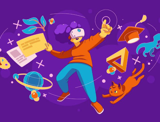 Vr education in metaverse augmented reality concept. Contemporary girl in glasses connected to virtual reality. Character immersion into cyberspace digital platform. Cartoon linear vector illustration