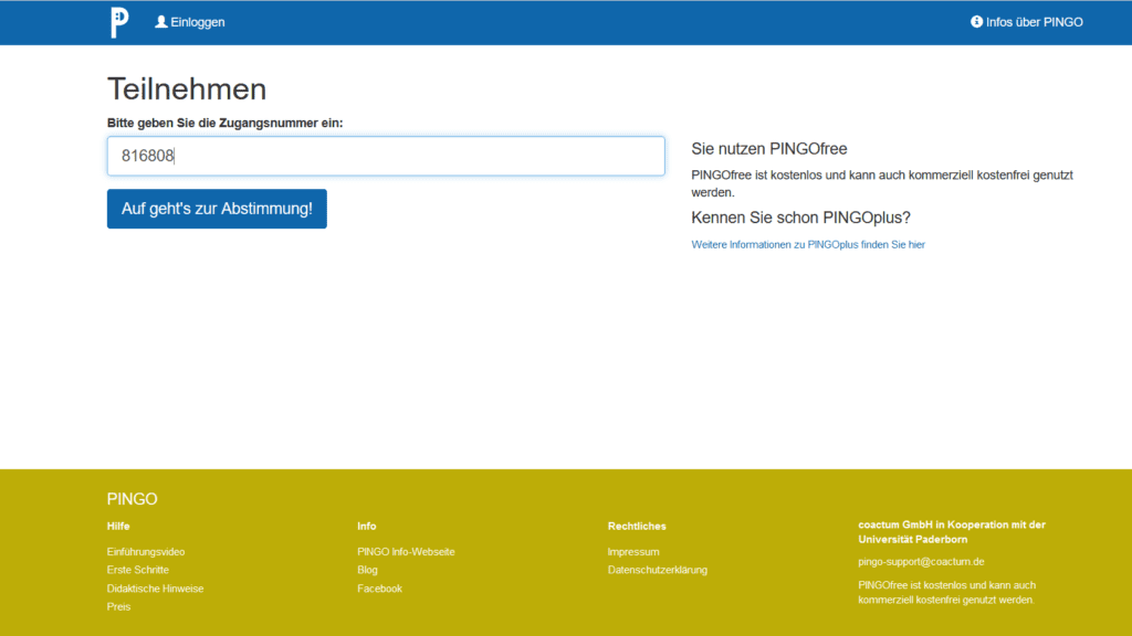 (5) Screenshot PINGO Zugangscode Teilnehmende