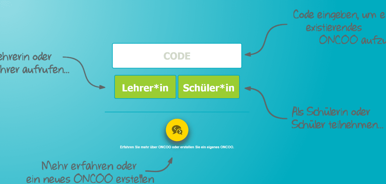 Bildschirmfoto der Startseite von Oncoo mit den Möglichkeiten:, „Code eingeben, um ein existierendes Oncoo aufzurufen“, „Als Lehrer*in oder Lehrer aufrufen“, „Als Schülerin oder Schüler teilnehmen“ oder „Mehr erfahren oder ein neues Oncoo zu erstellen“.