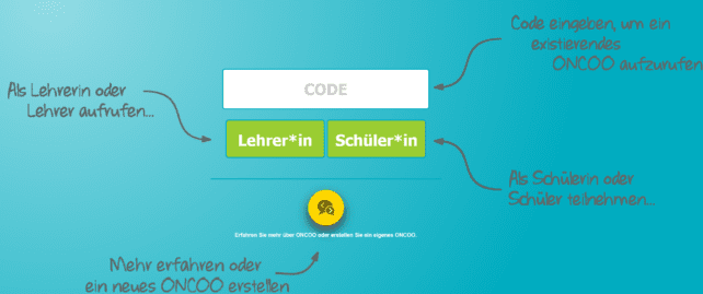 Bildschirmfoto der Startseite von Oncoo mit den Möglichkeiten:, „Code eingeben, um ein existierendes Oncoo aufzurufen“, „Als Lehrer*in oder Lehrer aufrufen“, „Als Schülerin oder Schüler teilnehmen“ oder „Mehr erfahren oder ein neues Oncoo zu erstellen“.
