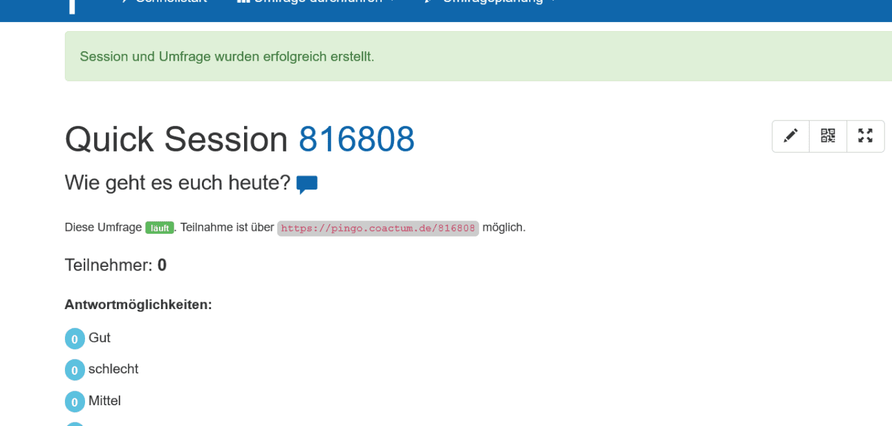 Bildschirmfoto der Anwendung PINGO. Eine Umfrage wurde gestellt und die Teilnehmeranzahl sowie Anzahl der gewählten Antwortmöglichkeiten ist sichtbar.