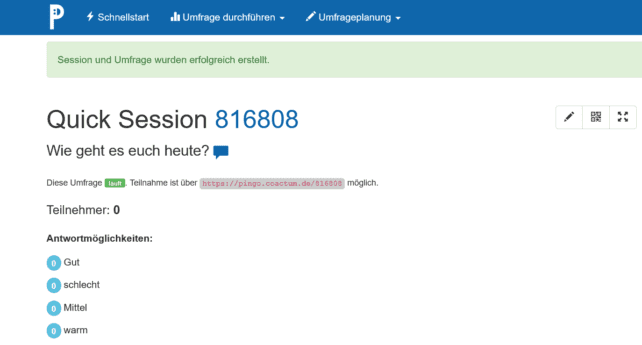 Bildschirmfoto der Anwendung PINGO. Eine Umfrage wurde gestellt und die Teilnehmeranzahl sowie Anzahl der gewählten Antwortmöglichkeiten ist sichtbar.