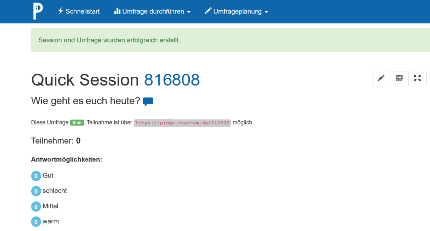 Bildschirmfoto der Anwendung PINGO. Eine Umfrage wurde gestellt und die Teilnehmeranzahl sowie Anzahl der gewählten Antwortmöglichkeiten ist sichtbar.