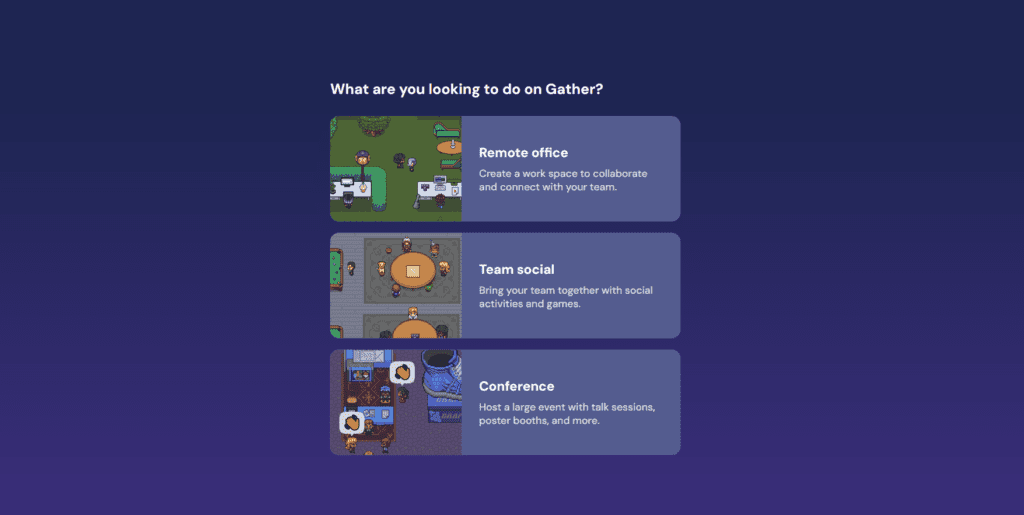 Nutzungsmöglichkeiten des Tools: Remote office, Team social oder Conference