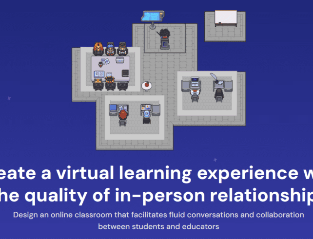 „Bildschirmfoto der Spielansicht bei Gather.town mit dem Text:“Create a virtual learning experience with the quality of in-person relationships. Design an online Classroom that facilitates fluid conversations and collaboration between students and educators.“ 