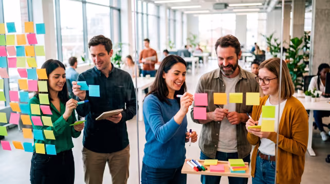 5 Personen arbeiten gemeinsam vor einer Wand, welche mit Post-Its beklebt ist.