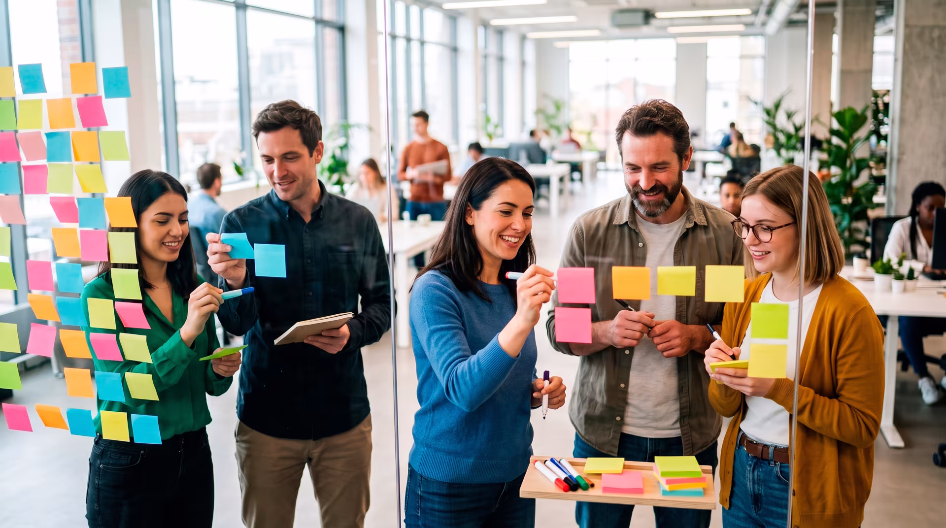 5 Personen arbeiten gemeinsam vor einer Wand, welche mit Post-Its beklebt ist.