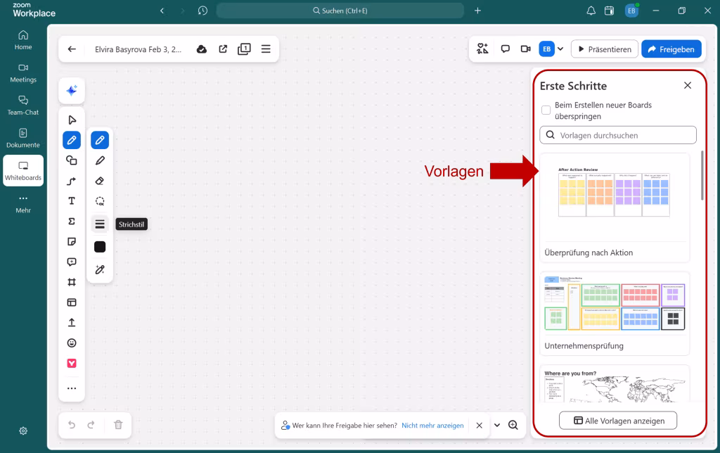Screenshot der Funktion Whiteboard-Vorlagen.