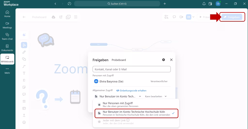 Screenshot der Funktion Whiteboard freigeben.