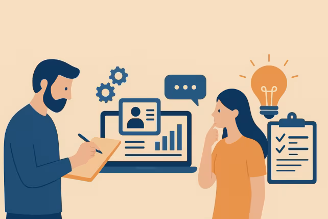 Eine Illustration mit zwei Menschen, die gerahmt sind von Symbolen die den Denkprozess verdeutlichen - Sprechblase, Glühbirne und Zahnräder.