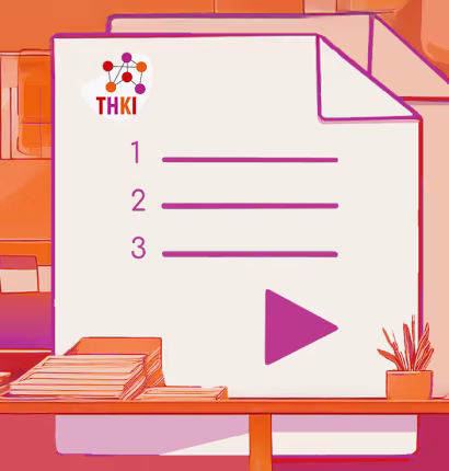 Illustrativer Header in orange-lila Tönen. Zeigt einen abstrakten Tisch mit Laptop, im Hintergrund in der Mitte ein Dokument mit Liste.