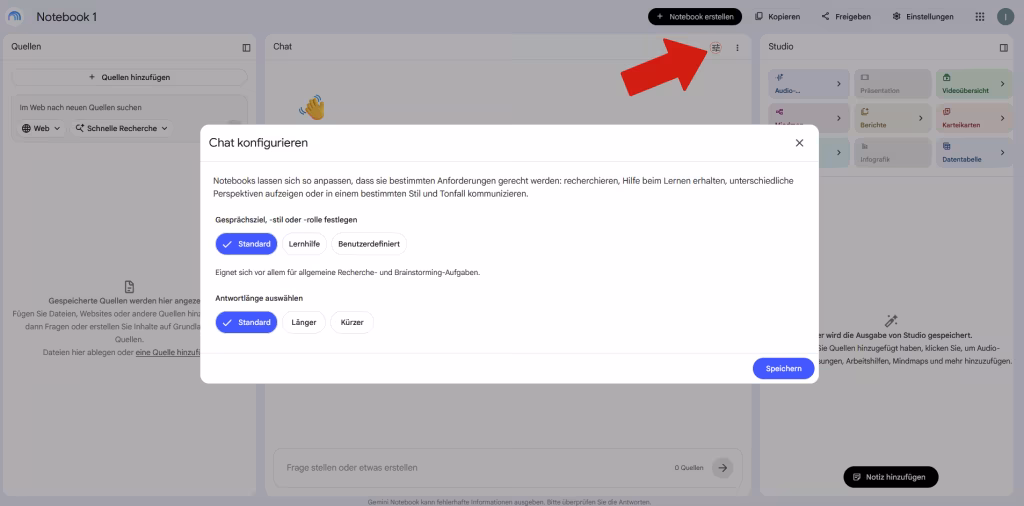 Screenshot of the “Configure Chat” function in NotebookLM.