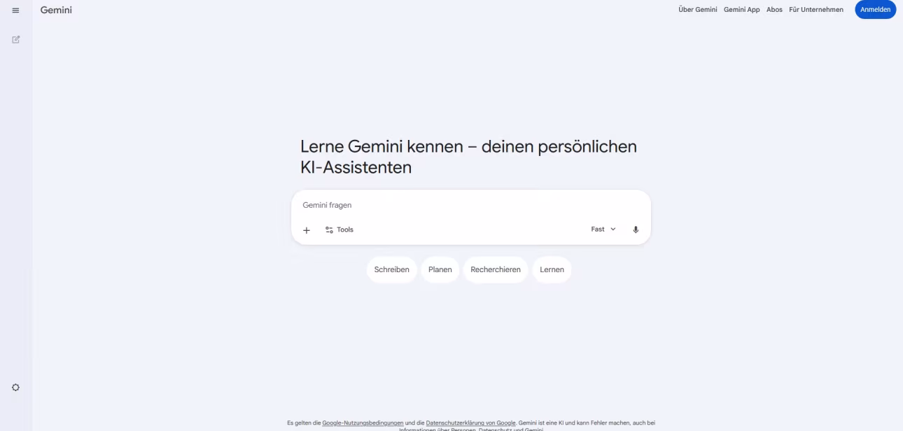Benutzeroberfläche von Google Gemini mit dem Chatfenster in der Mitte.