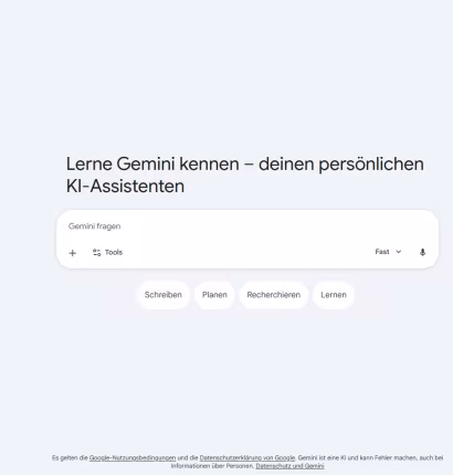 Benutzeroberfläche von Google Gemini mit dem Chatfenster in der Mitte.