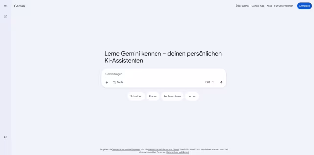 Benutzeroberfläche von Google Gemini mit dem Chatfenster in der Mitte.