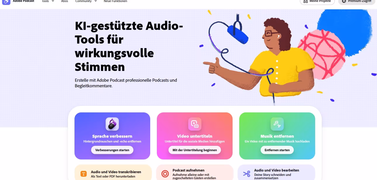 Benutzeroberfläche von Adobe Podcast mit KI-gestützten Audio-Tools und farbigen Funktionskacheln sowie Illustration einer Person mit Mikrofon.