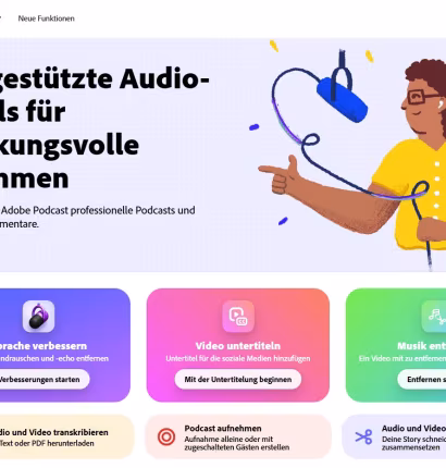Benutzeroberfläche von Adobe Podcast mit KI-gestützten Audio-Tools und farbigen Funktionskacheln sowie Illustration einer Person mit Mikrofon.