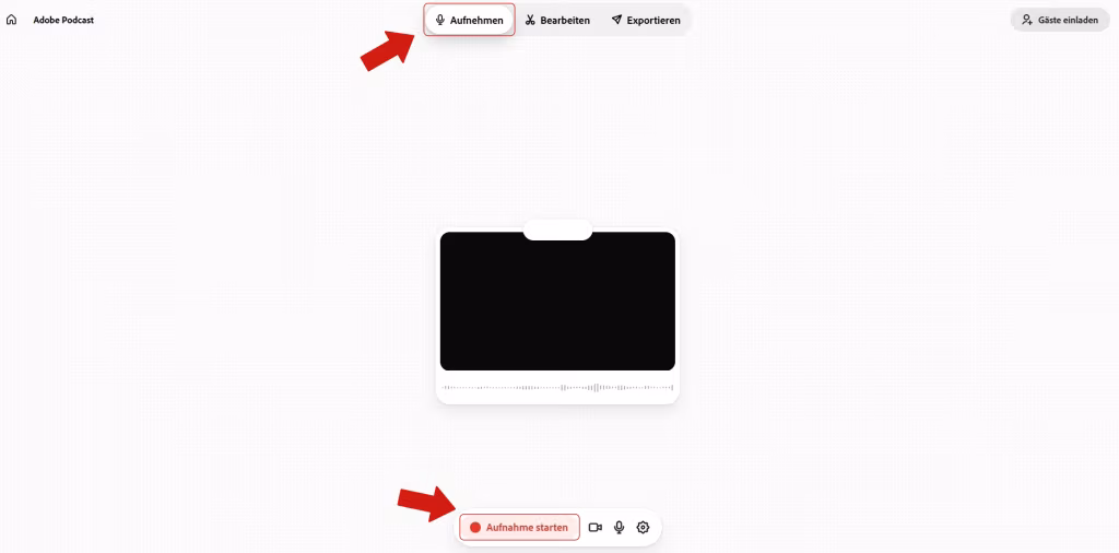 Screenshot der Benutzeroberfläche im 'Studio' mit hervorgehobener Schaltfäche 'Aufnehmen' oben und 'Aufnahme starten' unten.