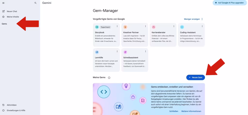 Ein roter Pfeil verweist auf die Funktion 'Gems' im linken Seitenmenü. Ein weitere Pfeil verweist im Mittelbereich auf die Funktion 'Neues Gem'.