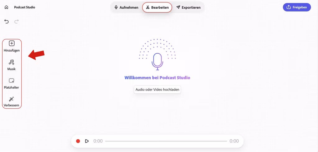 Screenshot der Benutzeroberfläche des Adobe Podcast Studios mit hervorgehobener Seitenleiste und den Optionen 'Hinzufügen', 'Musik', 'Platzhalter' und 'Verbessern'.