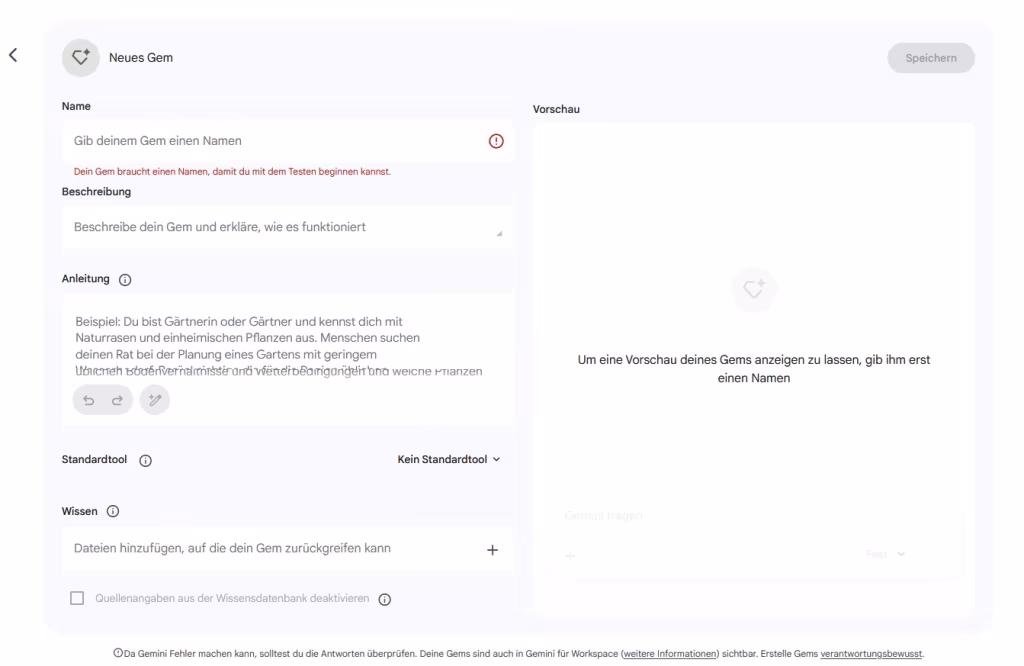 Die Benutzeroberfläche, wenn ein neues Gem erstellt wird, zeigt die Angaben: Name, Beschreibung, Anleitung, Standardtool, Wissen, Vorschau.