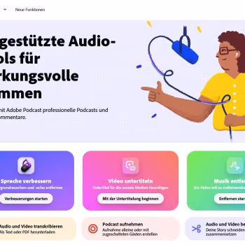 Benutzeroberfläche von Adobe Podcast mit KI-gestützten Audio-Tools und farbigen Funktionskacheln sowie Illustration einer Person mit Mikrofon.